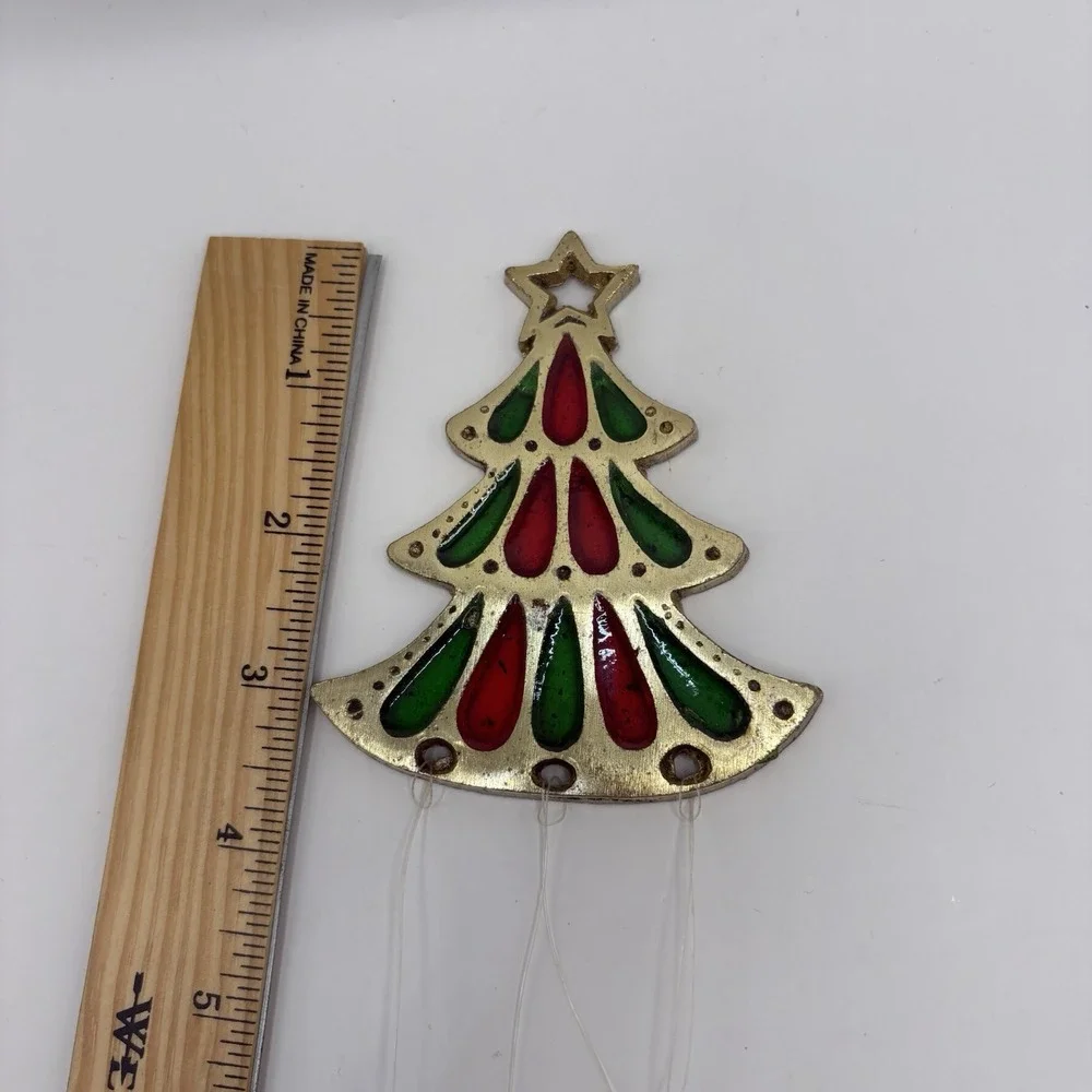 Vintage Stained Glass and Cast Metal Christmas Tree Wind Chime Japan Decoration - Picture 4 of 7